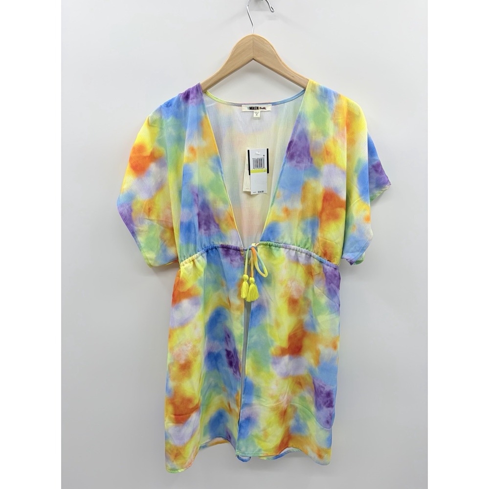 Miken Juniors Size Medium Colorful Tie-Dye Tie-Front Short-Sleeve Swim Cover-Up - Picture 3 of 11